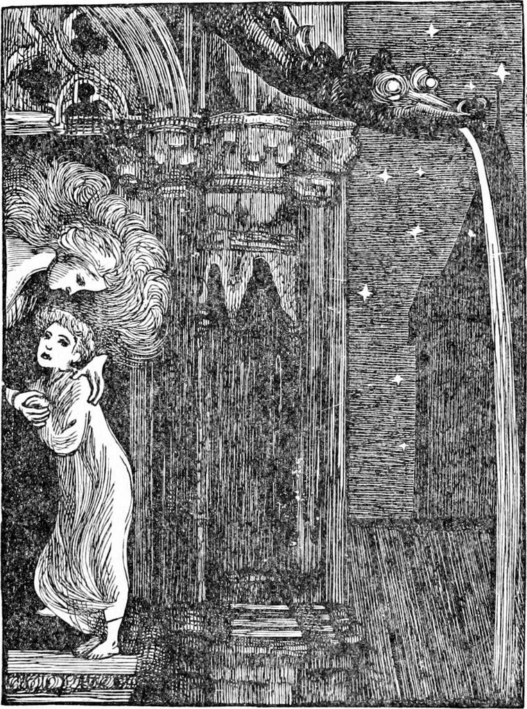 High in a cathedral gallery, Diamond in his nightgown stands trembling beside North Wind, who bends her head toward him; a gargoyle spouts water outside.