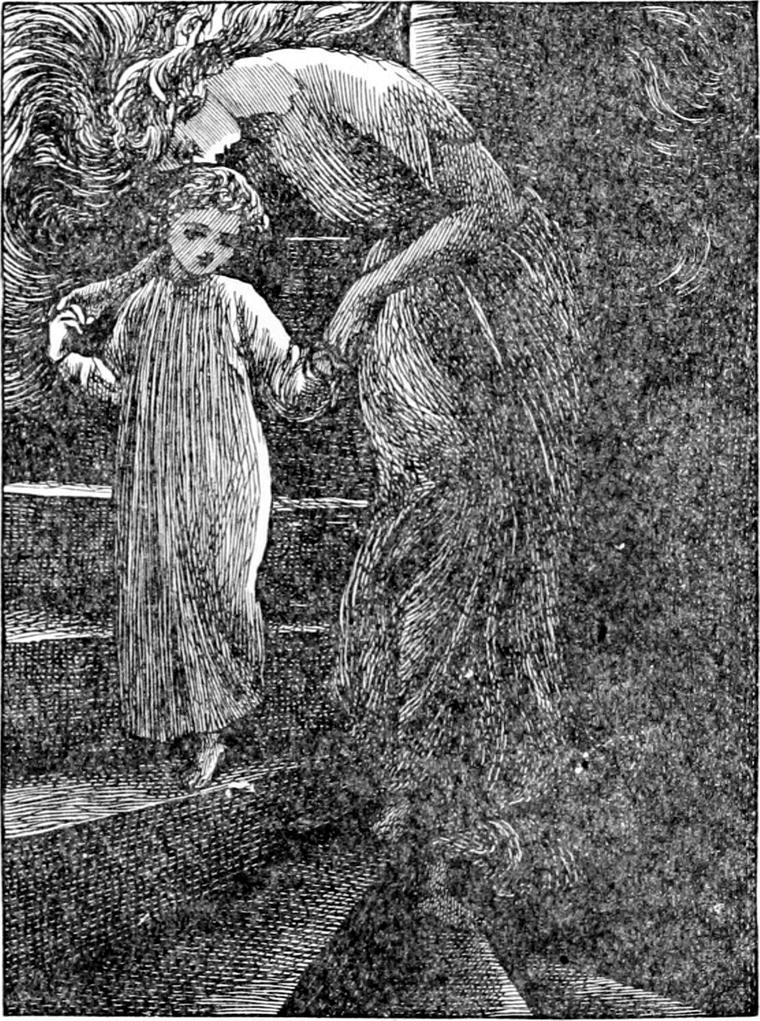 Diamond in his nightgown walks along a narrow ledge, led by the hand by North Wind, who bends over him with her hair streaming.