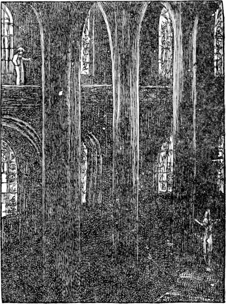 Tiny figures in the vast, shadowy interior of a cathedral, one high on a gallery among stained-glass windows, the other on the floor far below.