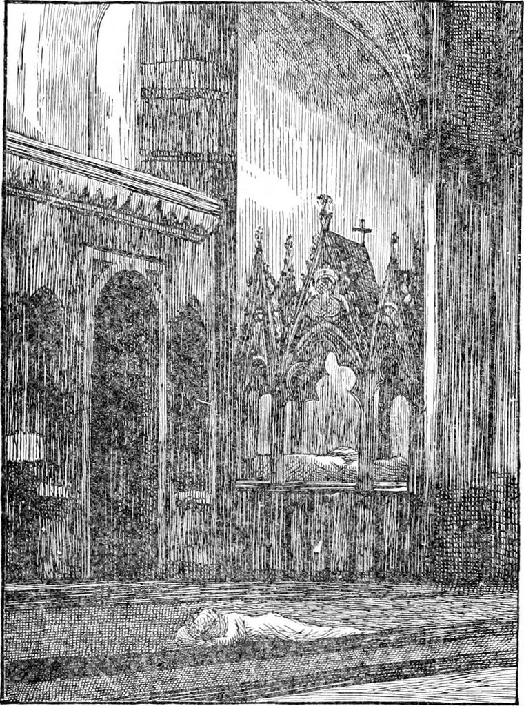 Little Diamond lies curled asleep on the floor before an ornate pointed stone screen, in the dim hush of the cathedral.