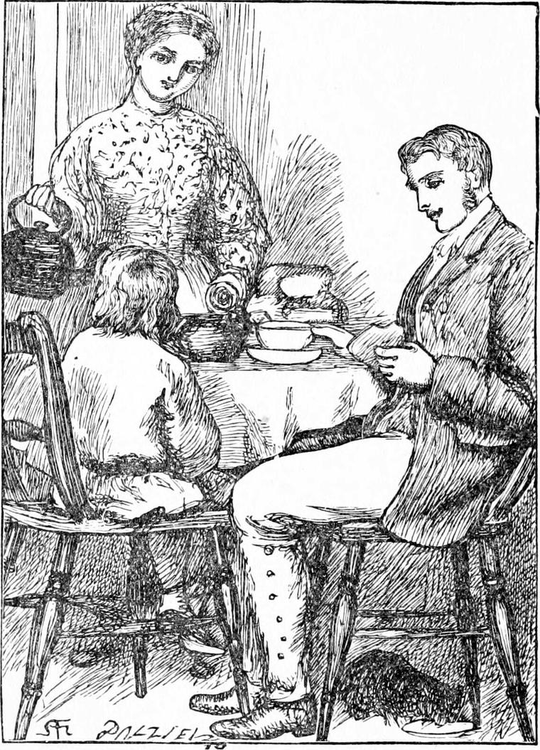 Diamond's mother pours from a kettle while his father, in boots and jacket, sits with a cup at the table beside Diamond, seen from behind.
