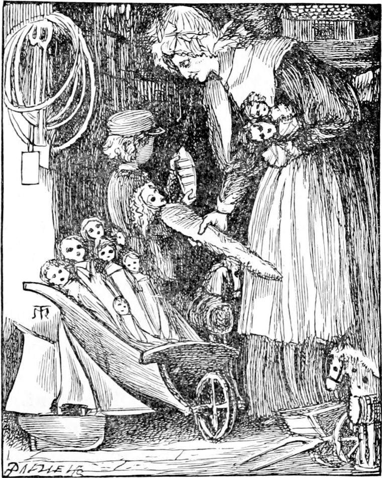 The old toyshop woman, in her cap, bends toward Diamond among her wares: dolls in a wheelbarrow, a toy boat and a hobby-horse.