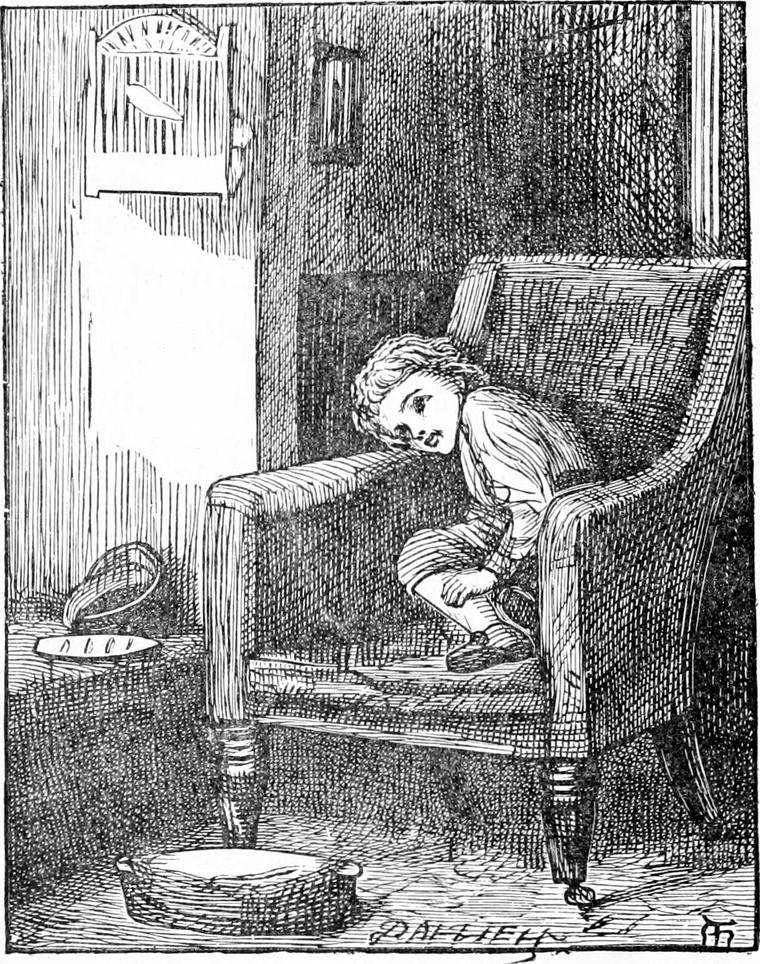 Little Diamond perches in a big armchair, leaning over its arm with a startled look, beside a tall clock, a basket and a bowl.