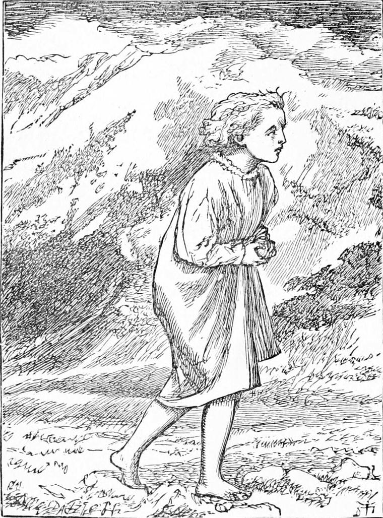 Diamond, barefoot in his nightgown, walks alone over a bleak, windswept hillside with his hands clasped in front of him.