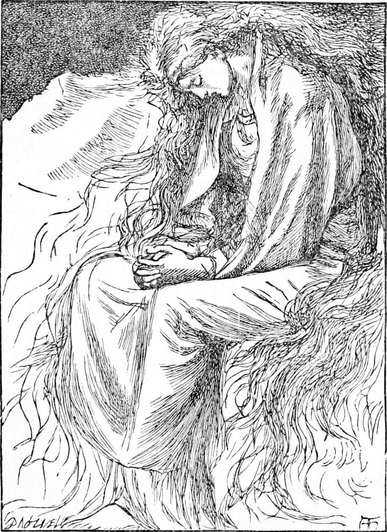 North Wind sits with bowed head and clasped hands, her long hair and loose robe falling about her on a bare, snowy slope.