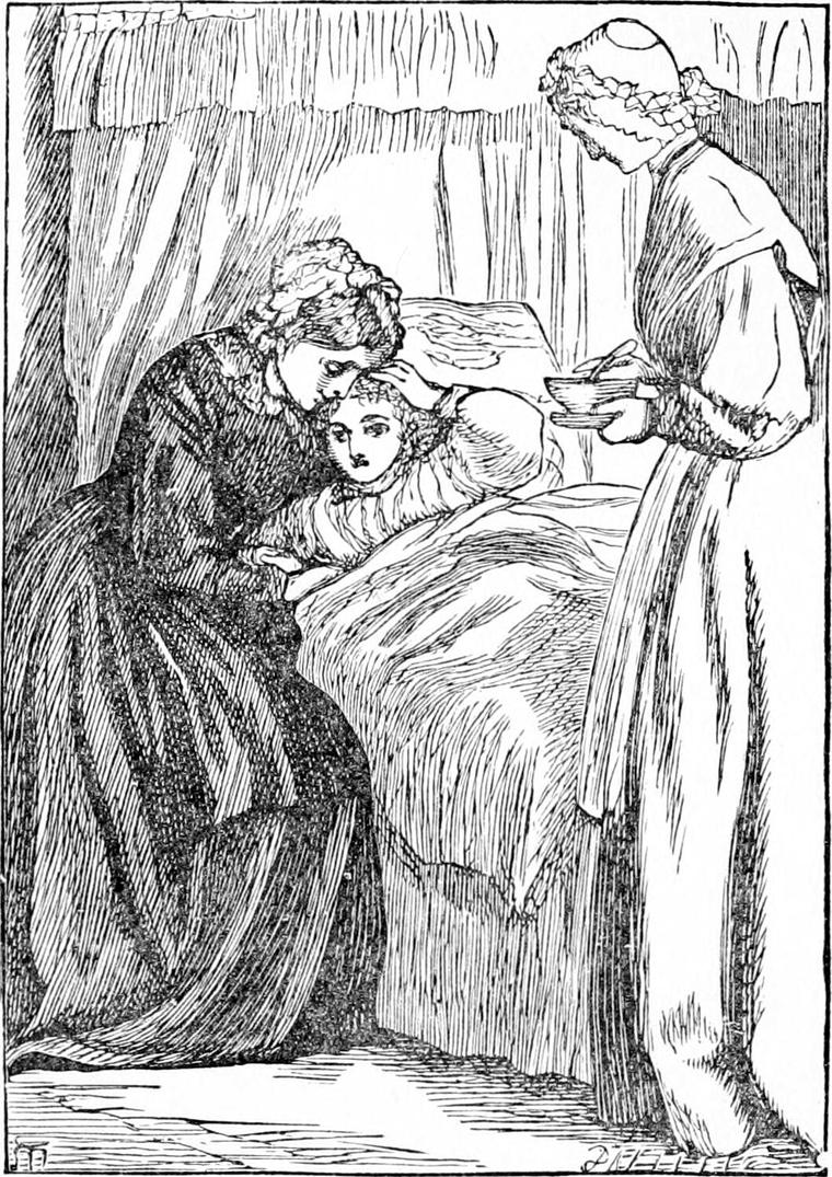 Diamond lies propped in his curtained bed as his mother, in a dark dress, kisses his forehead and another woman stands by with a bowl.