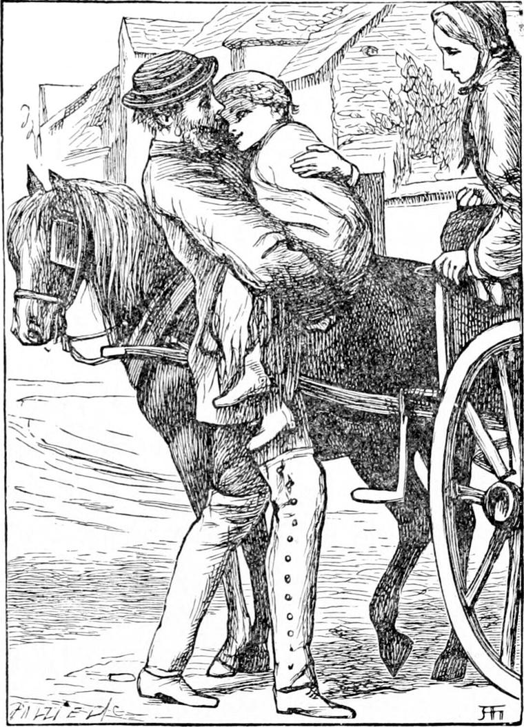 Diamond's uncle, in a straw hat, lifts him in his arms up to a pony-cart, where Diamond's mother sits waiting in her bonnet.