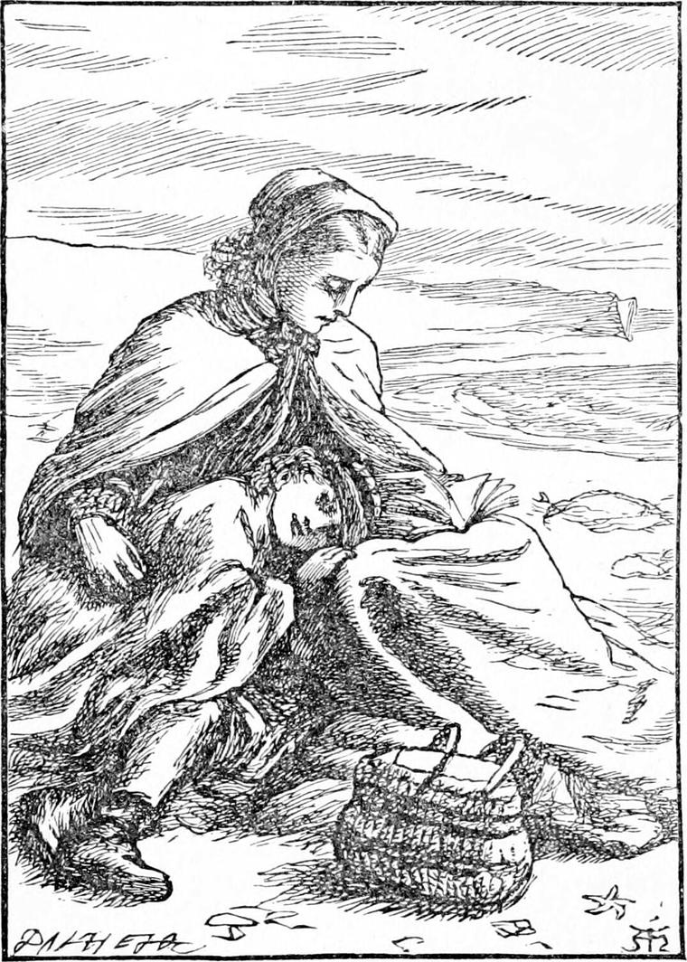 Diamond's mother, in bonnet and cloak, sits on the sea-shore with an open book in her lap as Diamond rests against her.