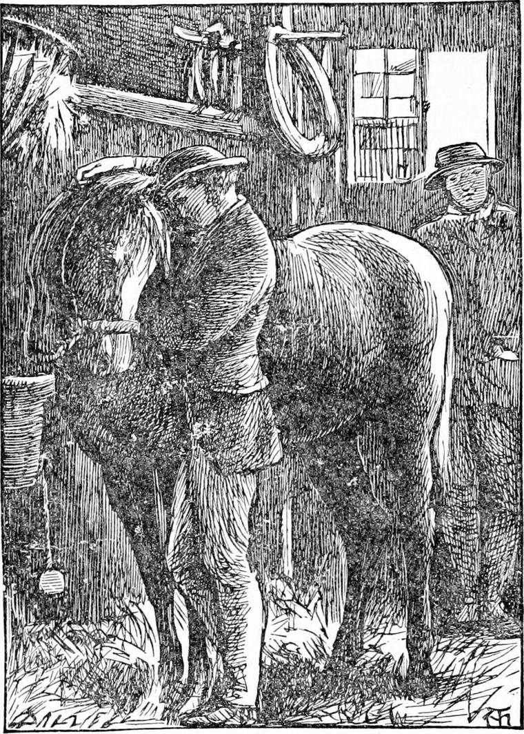 Diamond's father, in a round hat, throws his arms around old Diamond the horse's neck in a stable yard while another man looks on.