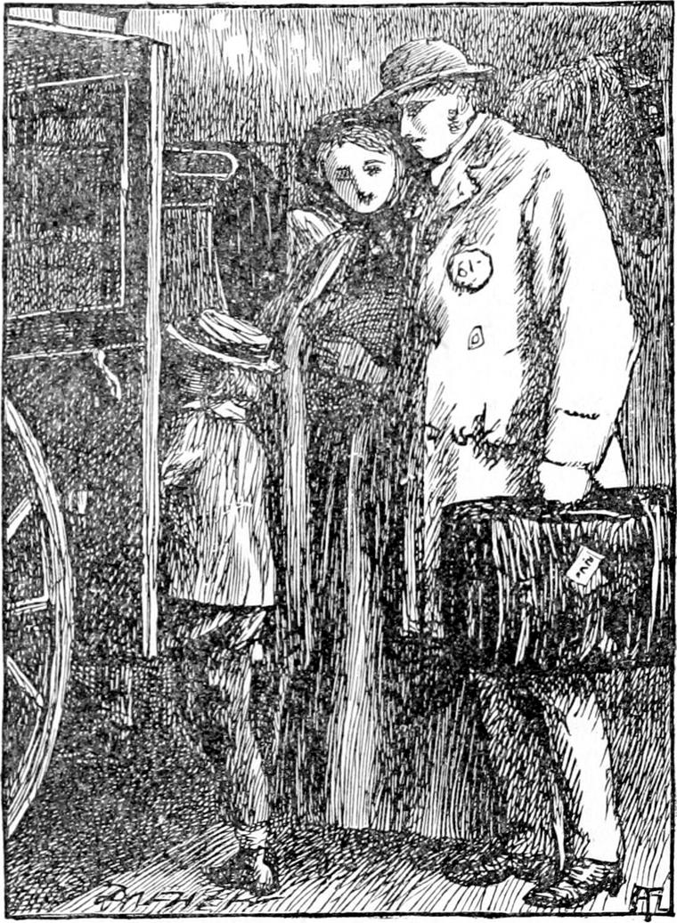 On a rainy evening, Diamond's father, wearing a cabman's badge and carrying a bag, stands with Diamond's mother while Diamond reaches the cab.