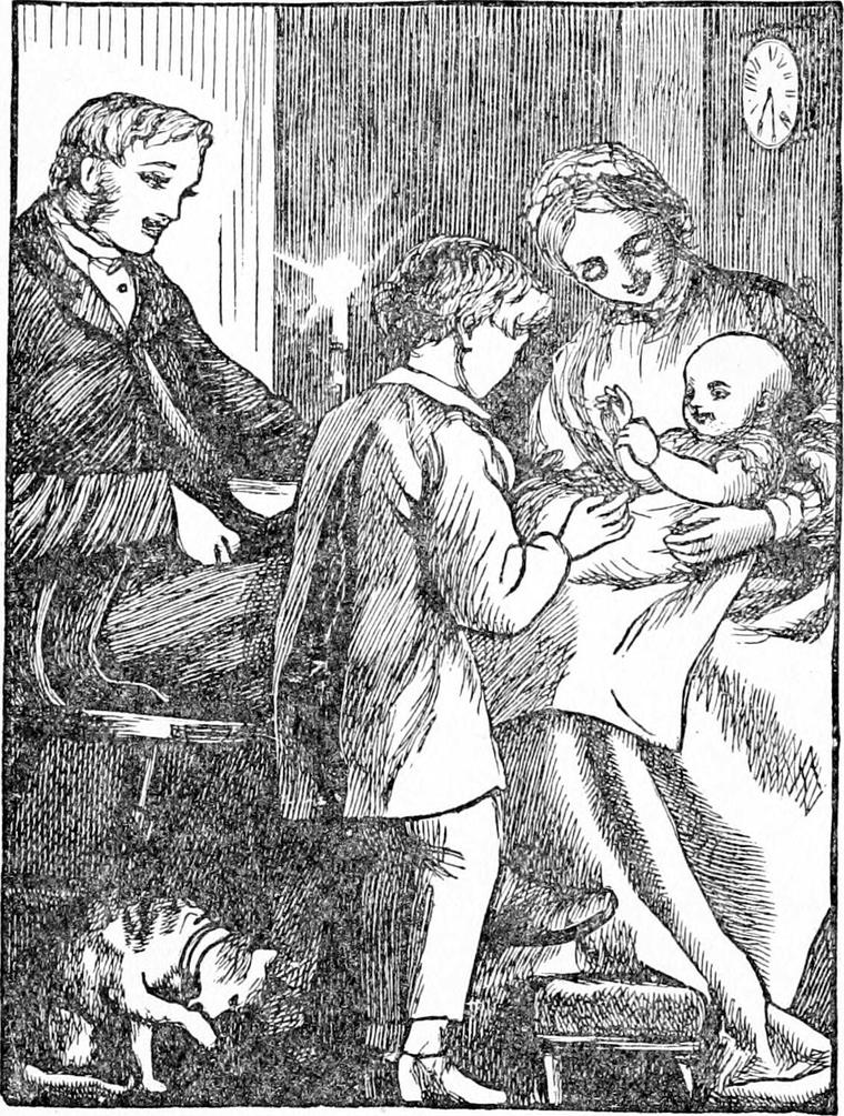 Diamond's father, seated at left, smiles as Diamond reaches toward the baby in his mother's lap; a cat prowls the floor.