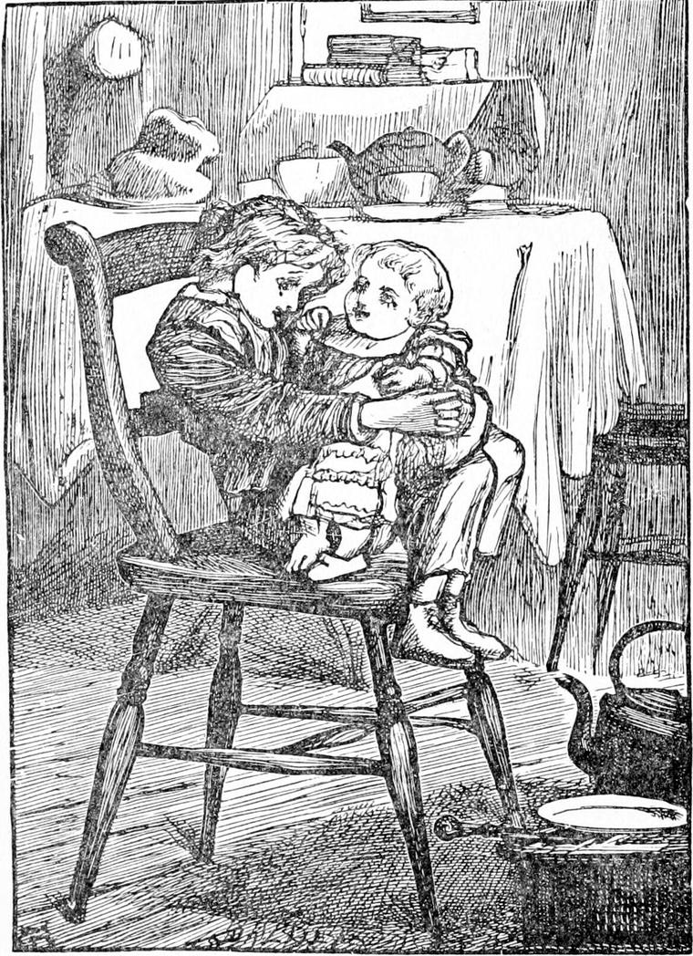 Diamond sits on a wooden chair with the baby on his lap, the tea table set behind them and a kettle on the floor.
