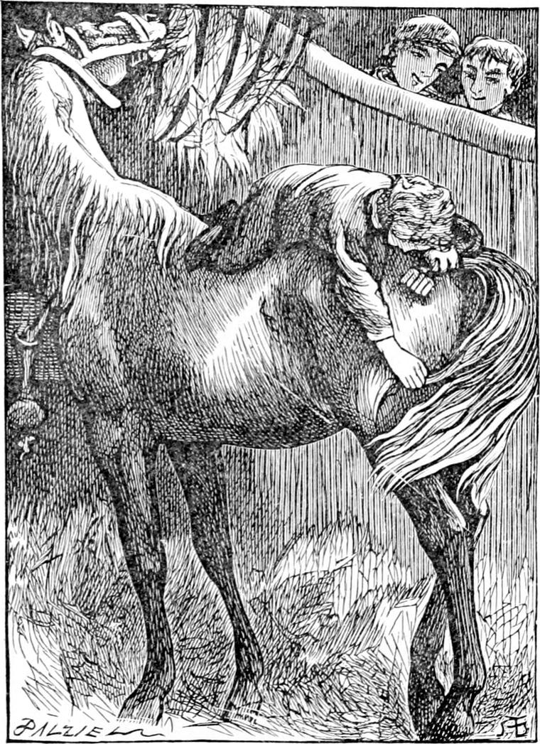 Diamond lies across old Diamond the horse's back, hugging him, while two grinning onlookers watch from behind a fence.