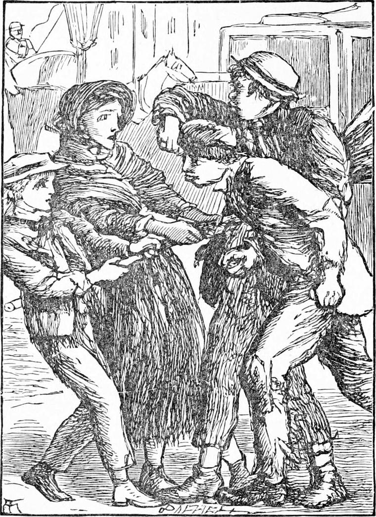 Diamond and a crossing-sweeper girl tug at her broom against two rough boys, with a cab and cabman behind them.