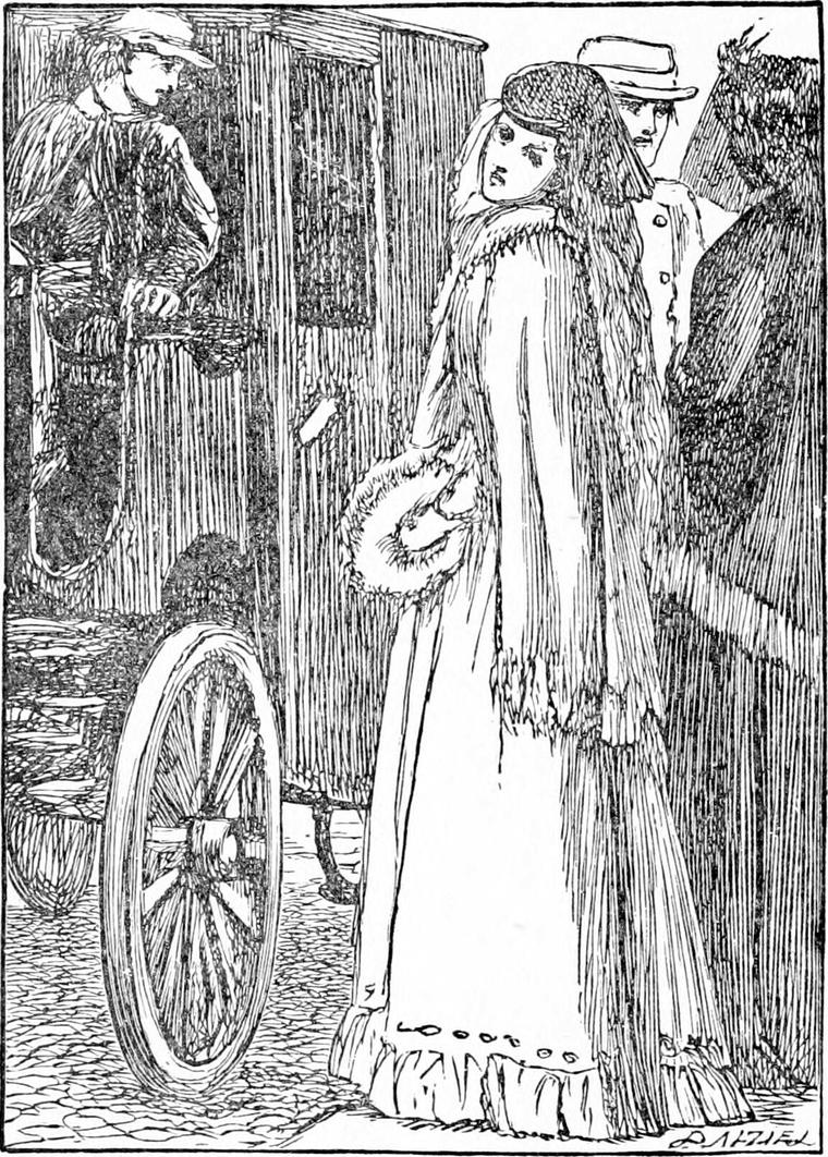 Miss Coleman, in a fur-trimmed cloak and cap with a muff, glances back beside a cab while the cabman looks down from his box.