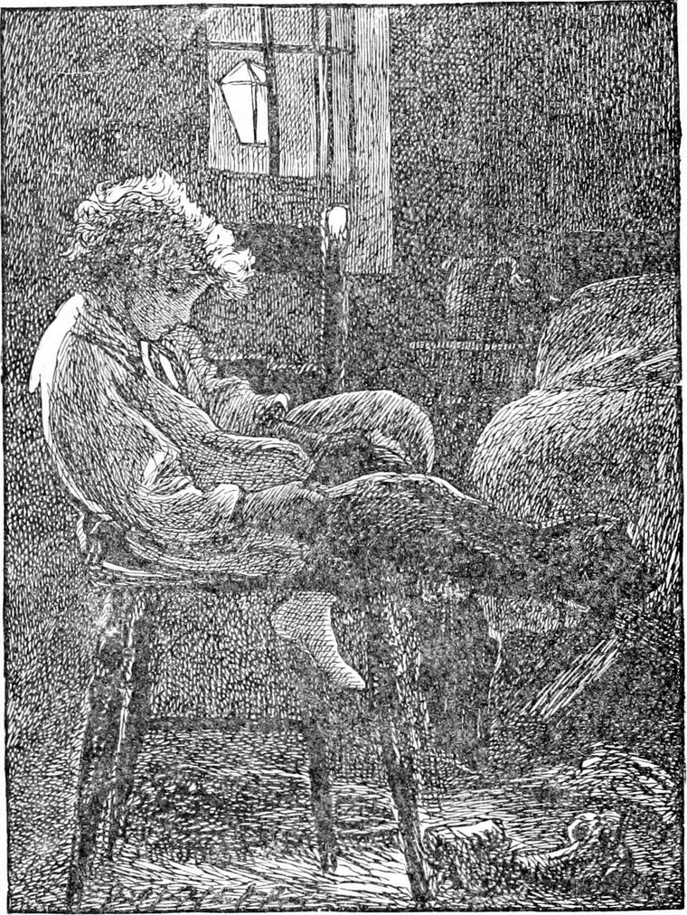 Diamond, in his nightclothes, sits head bowed on a stool by lamplight, near the sprawled figure of the drunken cabman in his chair.