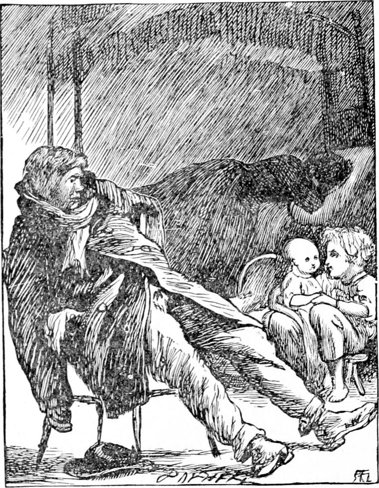 The drunken cabman, in scarf and tattered coat, lolls back in a chair, legs outstretched, while Diamond sits on a stool at right with the baby.