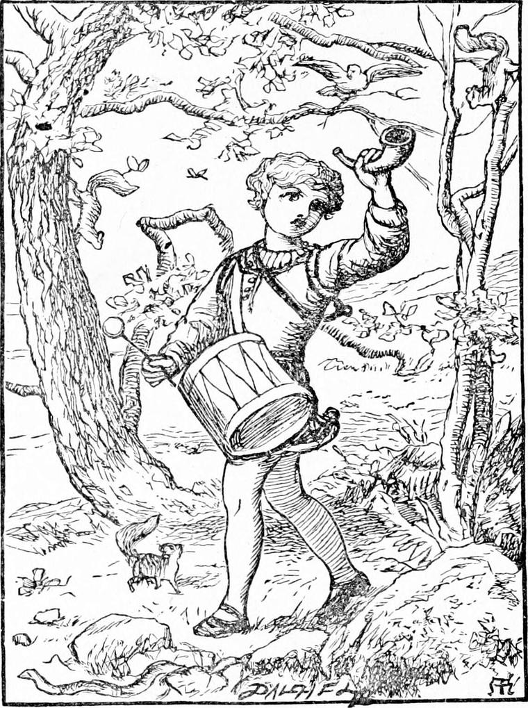 Little Boy Blue, in tunic and tights, a drum at his waist, raises a horn and drumstick in a wood where squirrels and a bird watch.