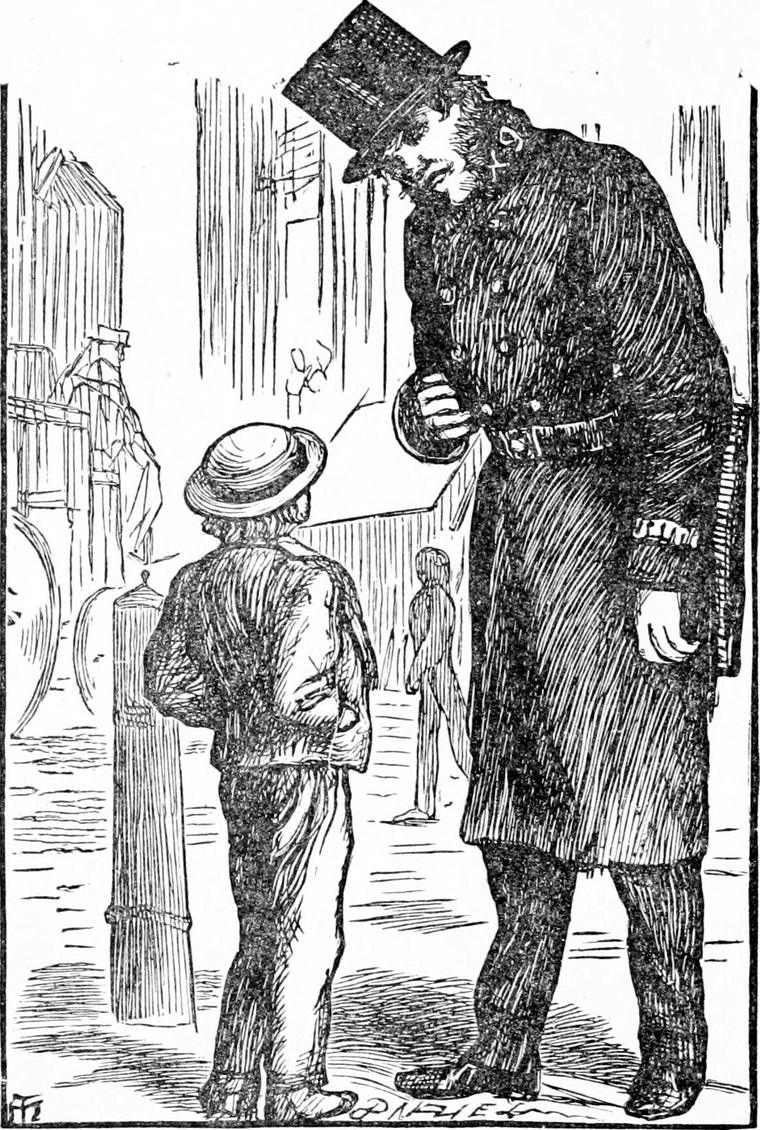 A very tall policeman in a top hat bends down to little Diamond, who stands with his back to us in a street.