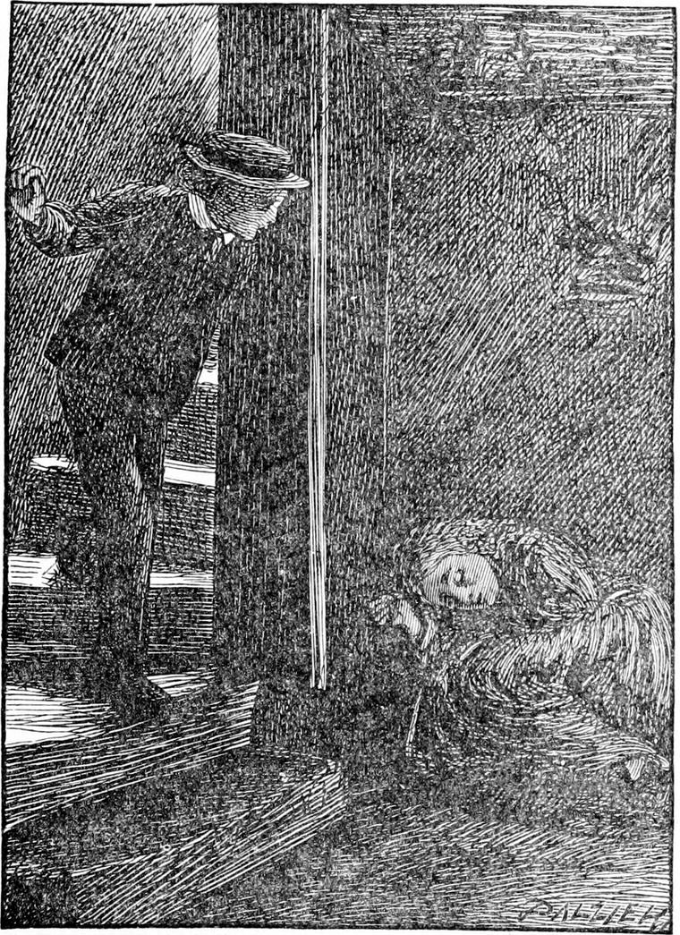 Diamond, in his round hat, stands on the steps at the cellar door and peers into the dark room, where Nanny lies on the floor.
