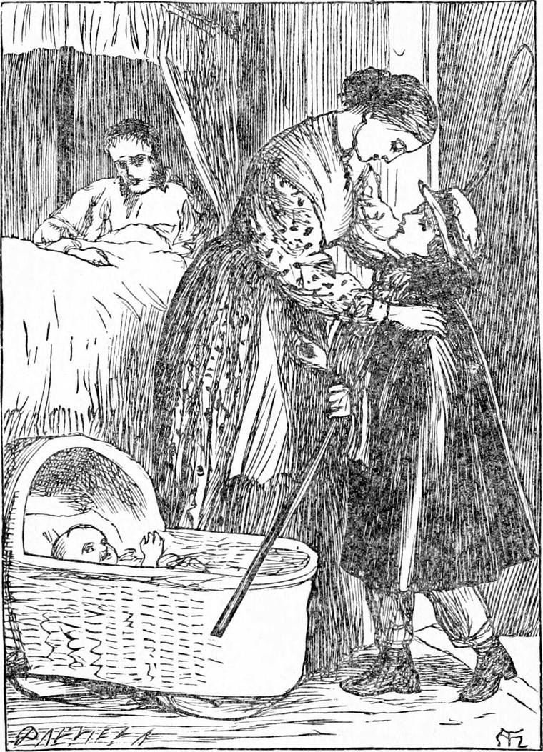 Diamond, in hat and greatcoat, is hugged by his mother as his father sits up in bed and the baby lies in a basket cradle.