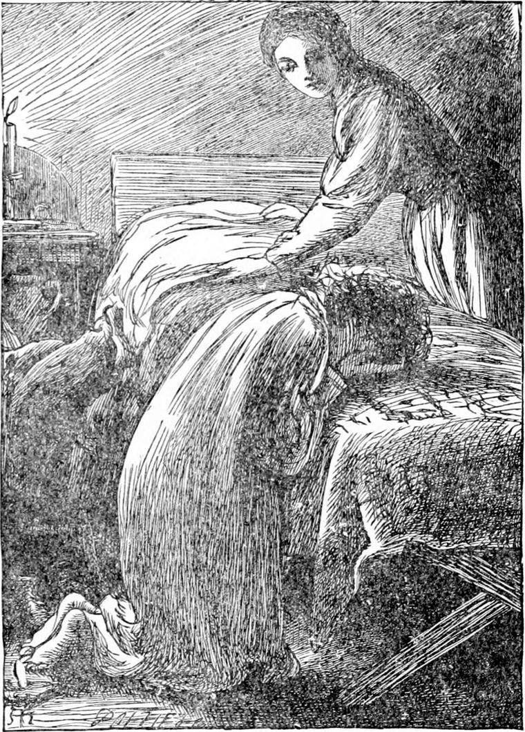 Diamond's mother sits on a bed by a lit candle and looks down at Diamond, who kneels in his nightgown, head bowed on the bedclothes.
