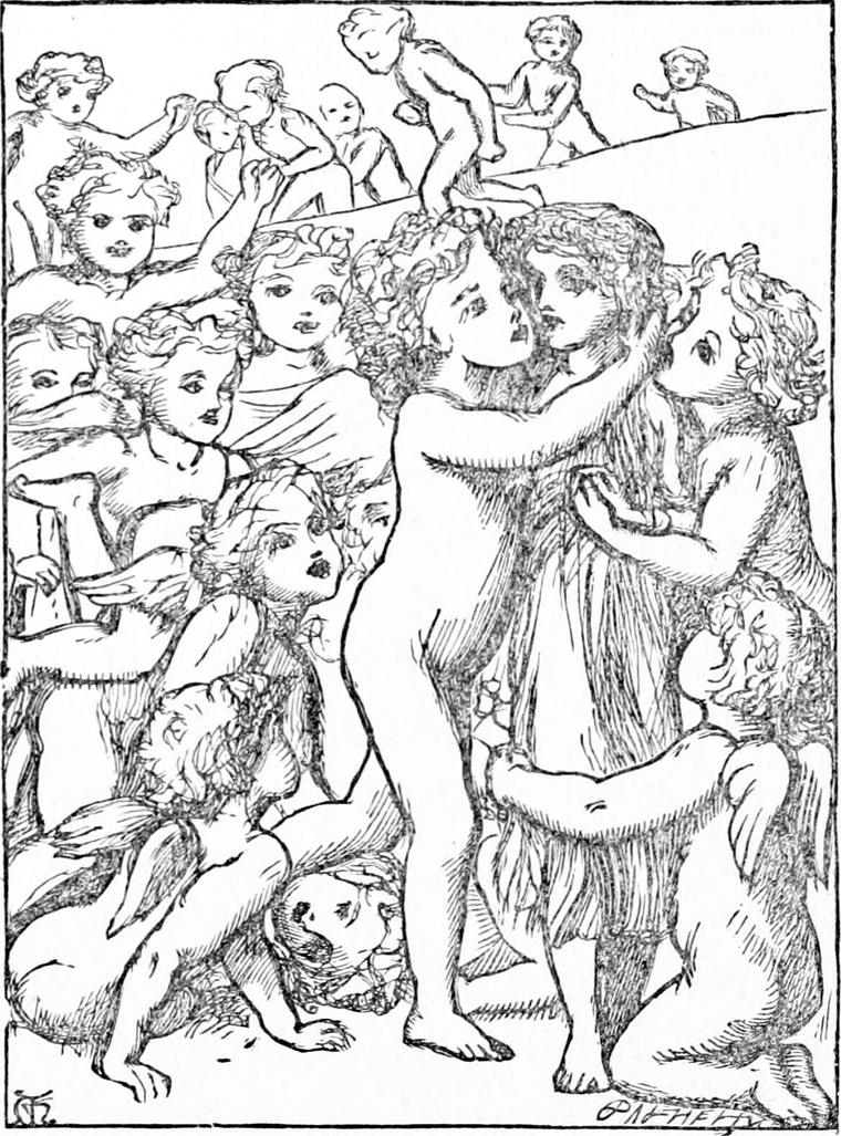 A crowd of small winged children with flower crowns tumble over one another and throw their arms around Diamond at the centre.