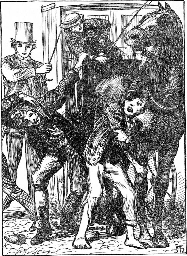 Street toughs seize Diamond beside his cab and horse, one climbing onto the box, while a gentleman in a top hat raises his stick.