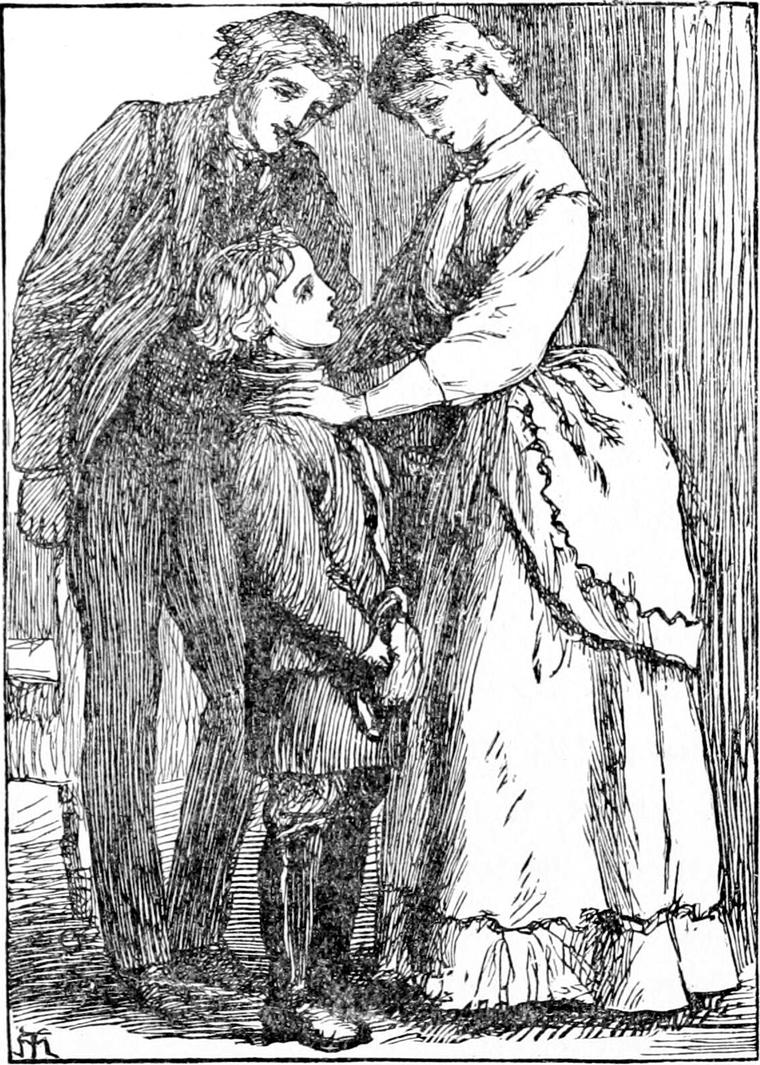 Miss Coleman rests a hand on Diamond's shoulder and gazes down at him as he looks up, while tall Mr. Evans stands close behind him.