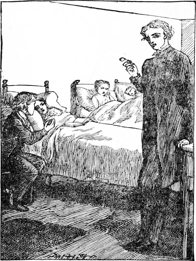In a hospital ward, Mr. Raymond stands holding his eyeglass while Diamond sits beside Nanny, who lies in bed near two other children.