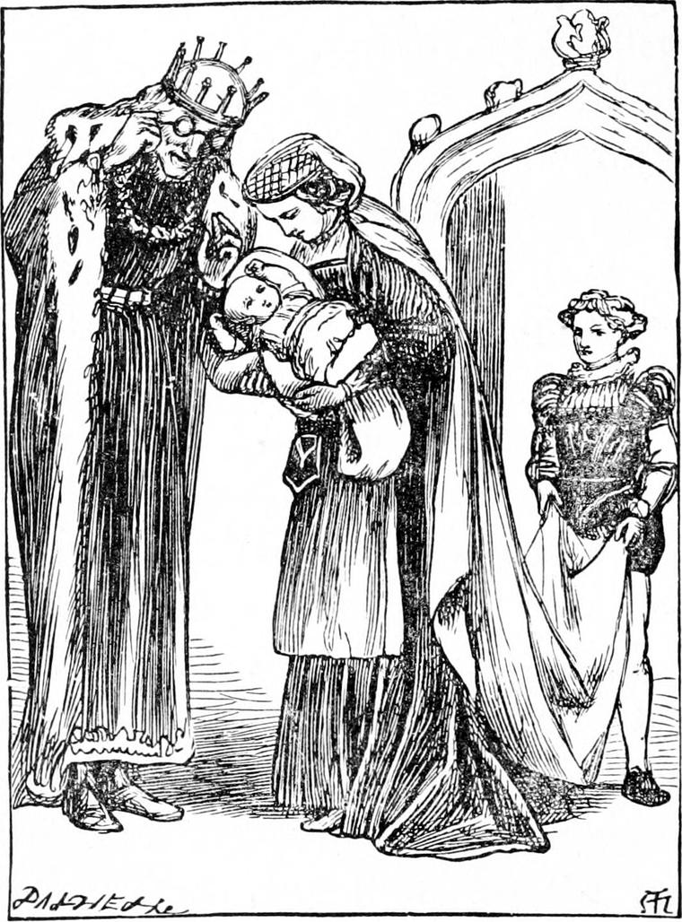 A bespectacled king in crown and ermine wipes his eye as the queen holds up the baby princess, with a page holding her train.
