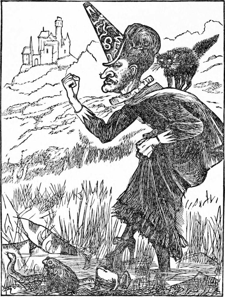 The old witch, in a pointed hat with a black cat on her shoulder, shakes her fist as she wades through a marsh.