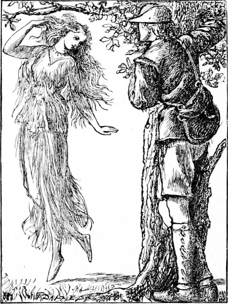 In a forest, a huntsman in cap and gaiters, seen from behind, stands by a tree and watches a long-haired girl float in a gauzy gown.