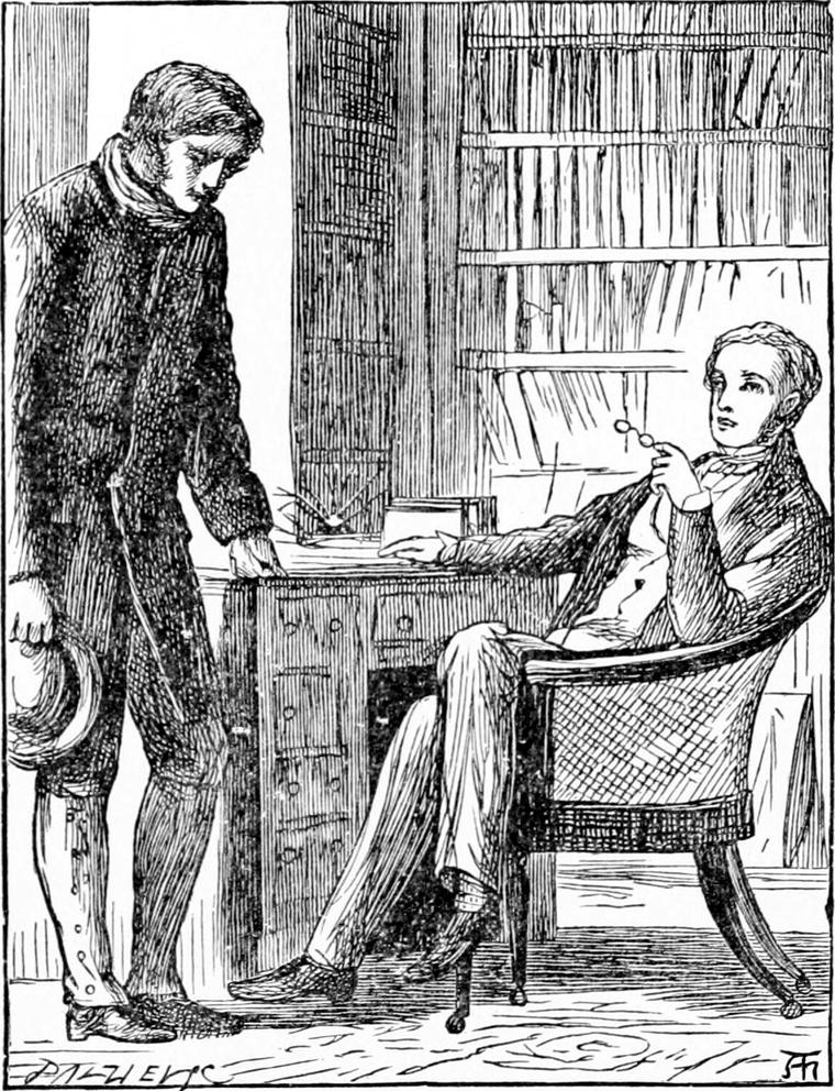 In his book-lined study, Mr. Raymond lounges in an armchair with his eyeglasses in hand while Diamond's father stands before him, hat in hand.