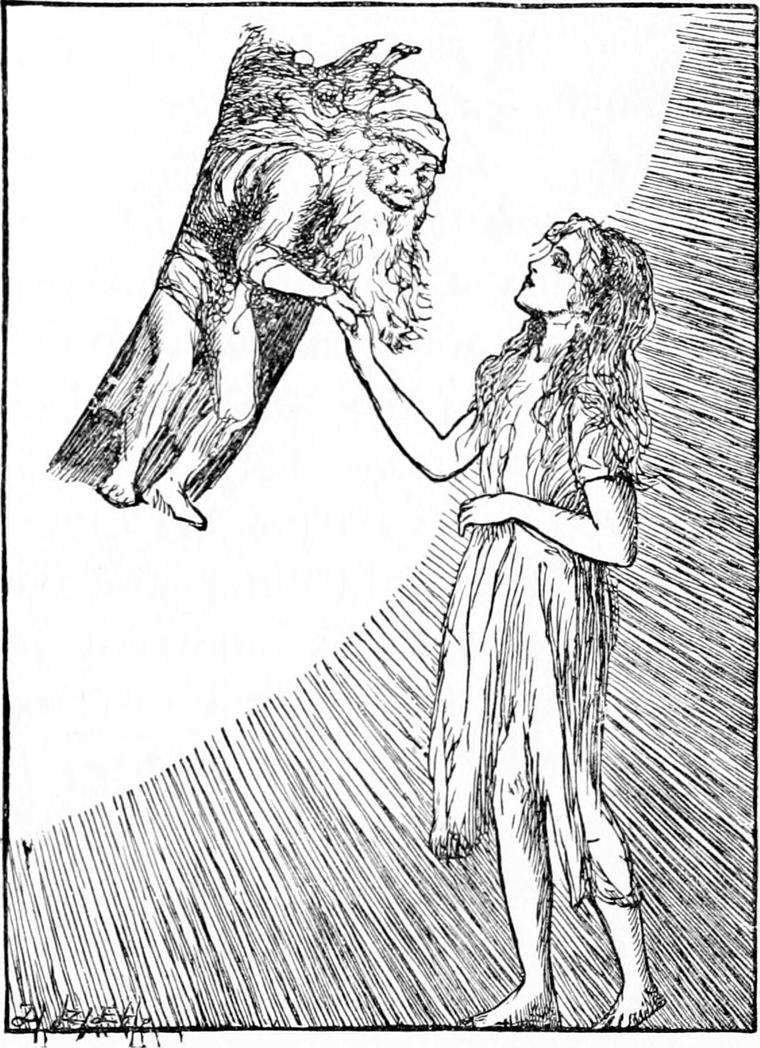 Nanny, barefoot with long hair in a ragged gown, reaches up to take the hand of a little bearded old man in the moon.