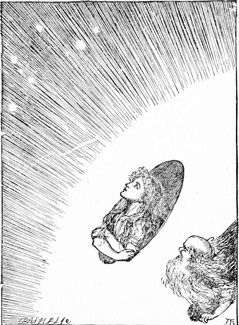 Nanny, framed in an oval opening with arms folded, gazes up at a sky of rays and stars, while the little bearded old man looks on.