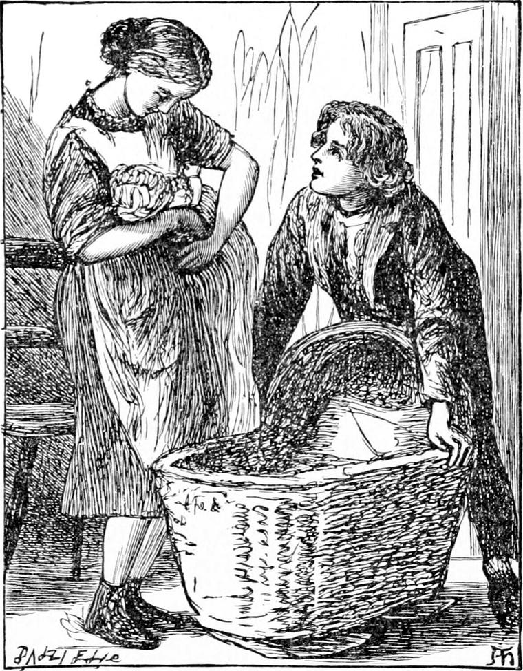 Nanny stands holding the baby, her head bowed over him, while Diamond bends over a big wicker cradle and looks up at her.