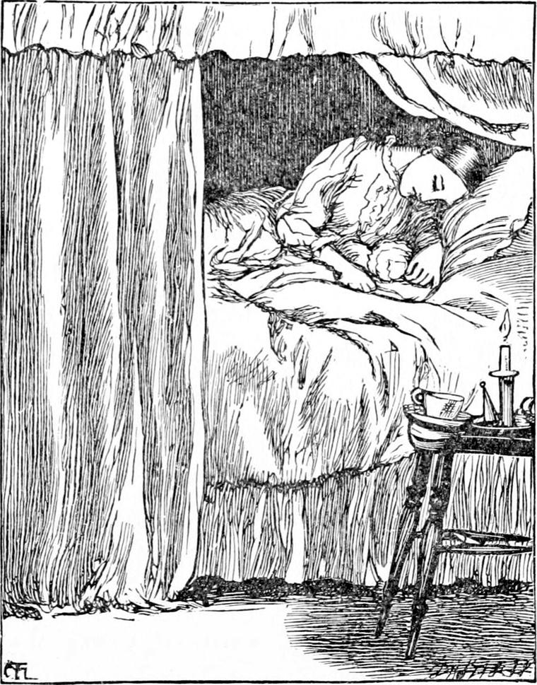 Diamond's mother sleeps in her curtained bed with the newborn baby tucked beside her, a lit candle and a teacup on the bedside table.