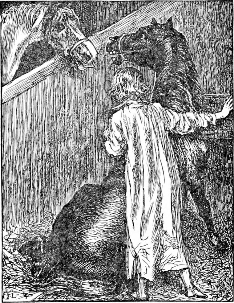 Diamond, in his nightgown and seen from behind, stands between two stalls listening as old Diamond and Ruby face each other with heads raised.