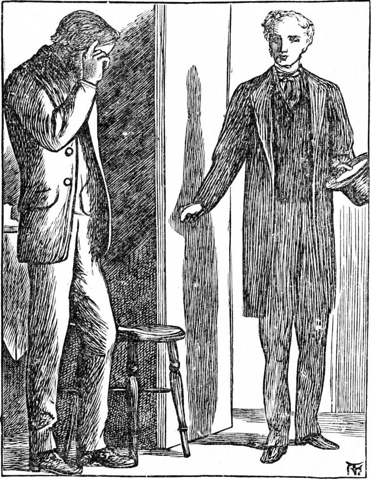 Diamond's father turns away with a hand over his eyes while Mr. Raymond, top hat in hand, stands at the open door.