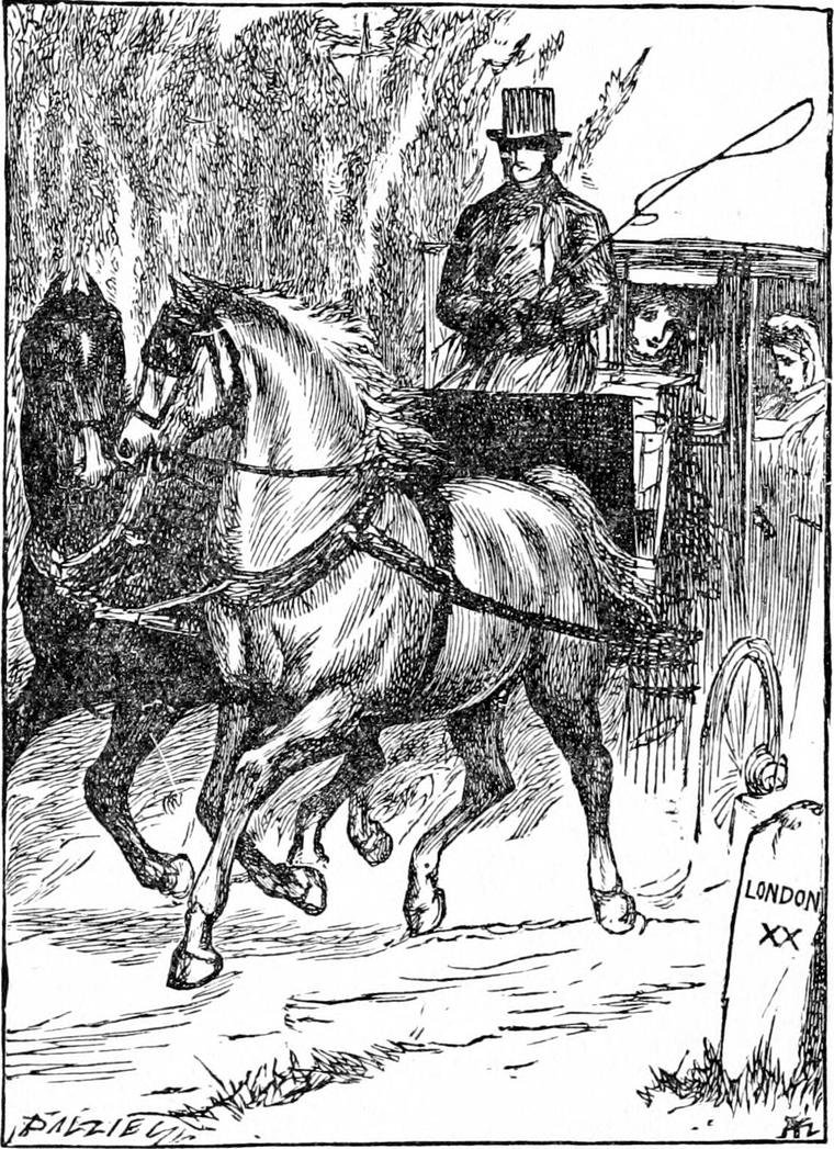 Joseph, in a top hat, drives a pair of horses past a milestone marked London, with Mr. Raymond and a lady in the carriage.