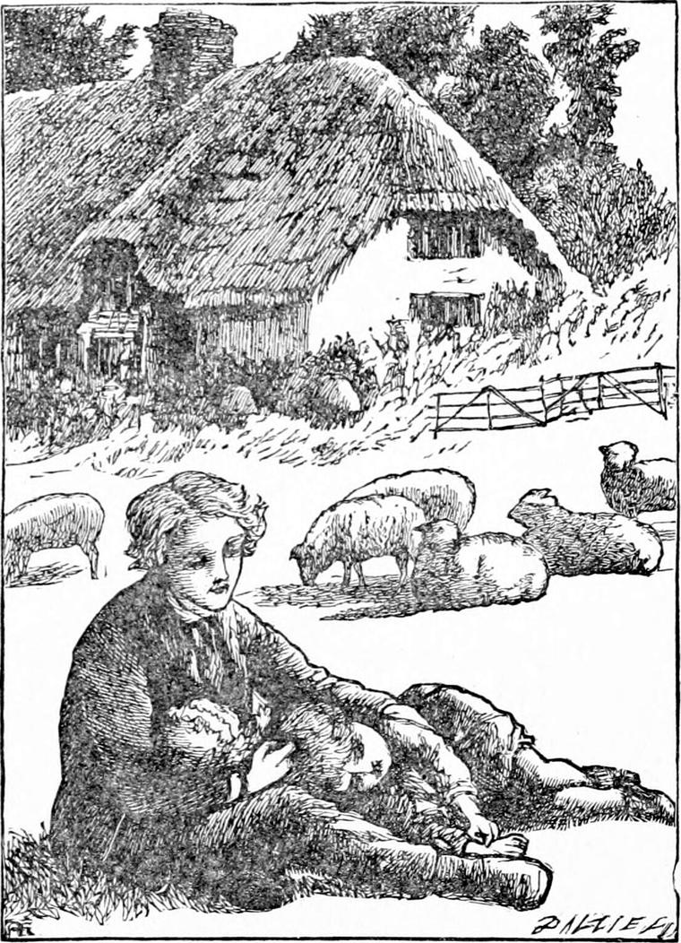 Diamond sits on the grass holding his little brother asleep across his lap, with a thatched cottage and a paddock of sheep behind him.