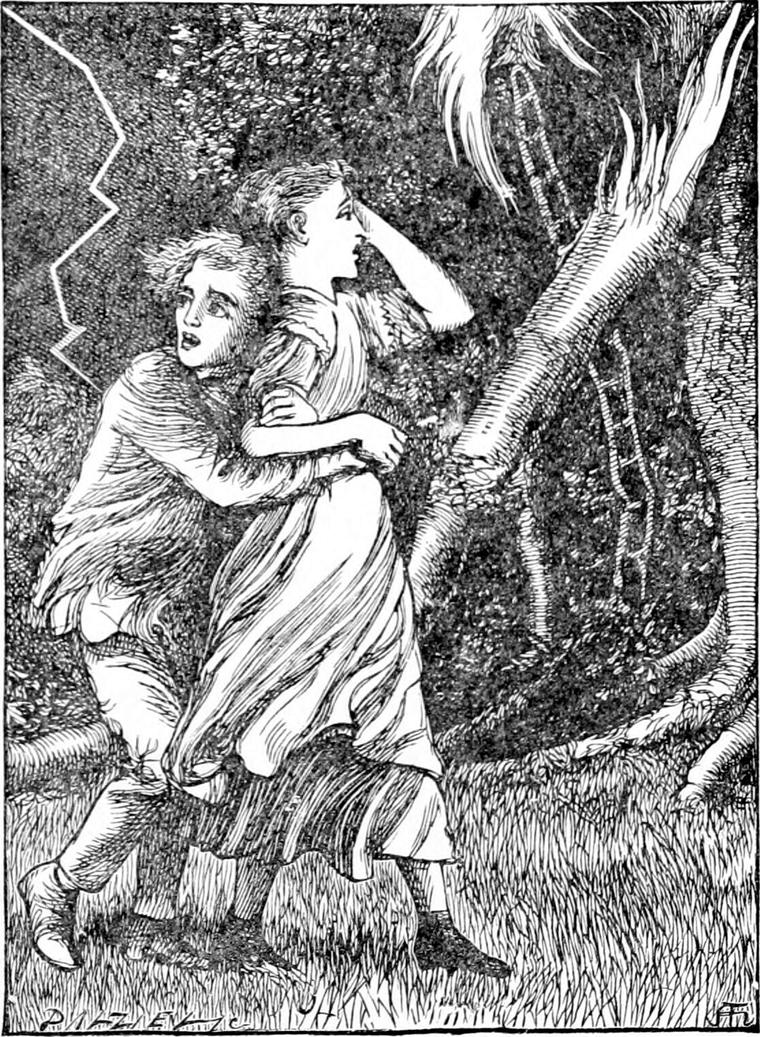 Nanny and Jim hurry through the woods in fear, Nanny shielding her eyes, as lightning flashes and a split tree bough hangs from its trunk.