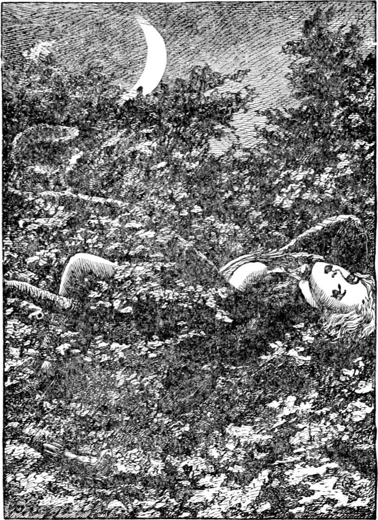Diamond lies on his back in a bed of thick foliage, his face turned upward, under a crescent moon.