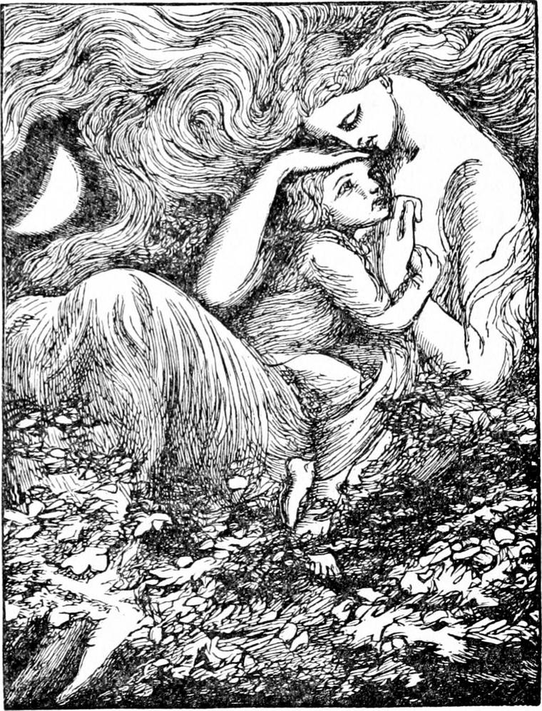 North Wind, huge, her hair swirling about her, lays a hand on Diamond's head and bends to kiss it, under a crescent moon.