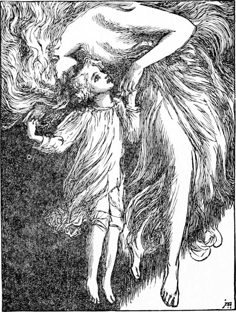 North Wind, huge, her hair streaming, bends over little Diamond in his nightgown, her hand on his shoulder as he looks up into her face.