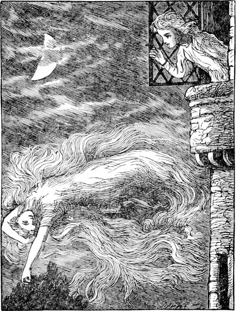 Diamond looks out from a latticed window in a stone turret as North Wind, her long hair streaming, drifts past under a crescent moon.