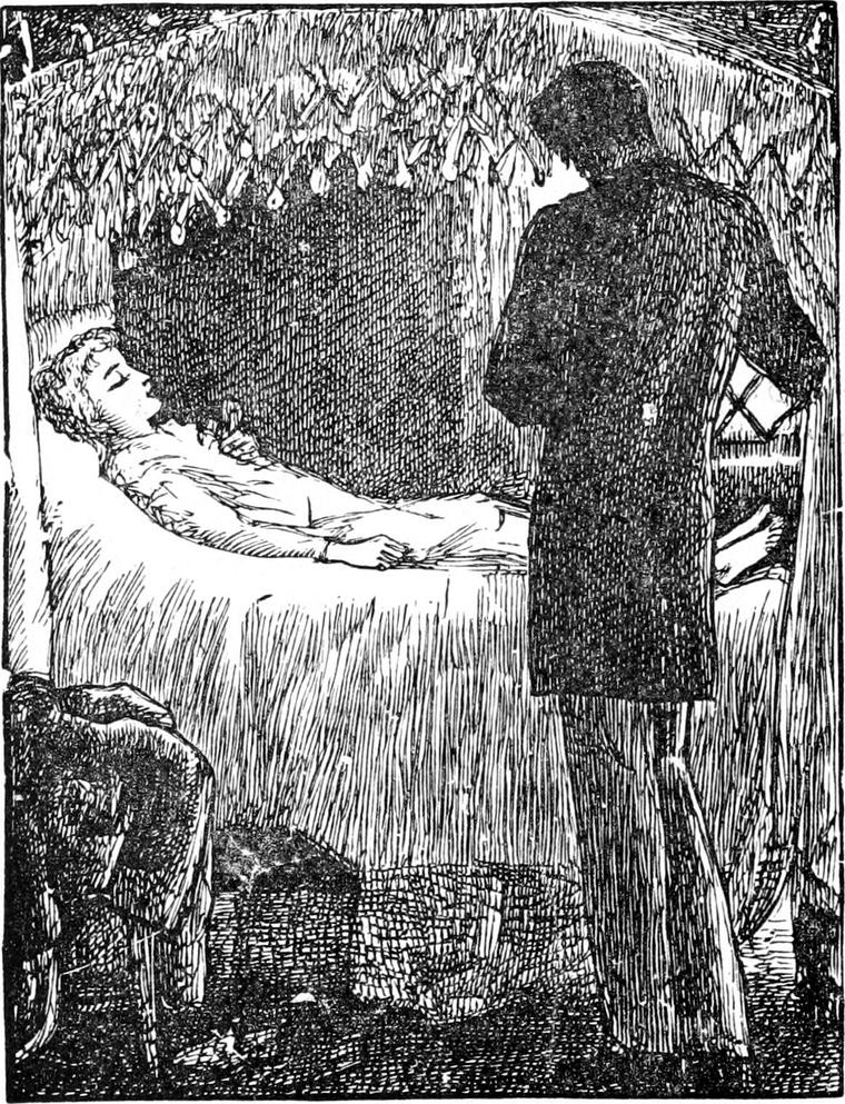 Diamond lies in bed with eyes closed and hands at his sides, under hanging leaves, while a man in a dark coat stands beside him.