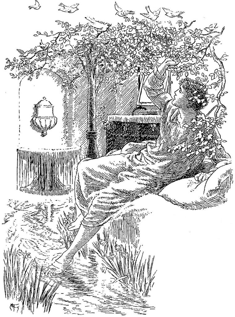 Anodos sits on the edge of his bed, reaching into leafy branches alive with birds, while grass and a stream replace his bedroom floor.