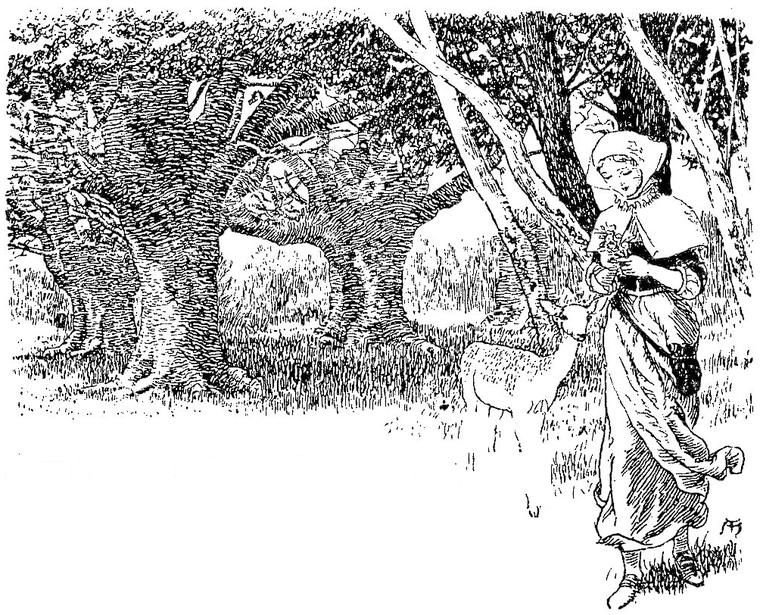 A country maiden in a hood and long skirt walks through the forest, eyes on her bunch of flowers, a fawn at her side.
